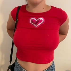 Red crop baby tee top with a sequin heart